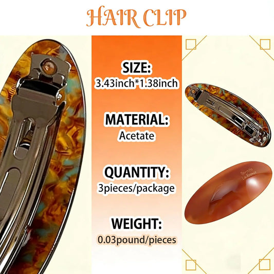 Female 3PCS Tortoiseshell Acetate Snap Hair Barrettes - Suitable for Thick/Thin Hair, Everyday Styling