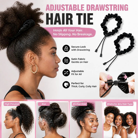 2 Pcs Adjust Satin Hair Scrunchies for Women Girls, Adjustable Hair Ties Soft Than Silk for 4c Girlie Thick Curly Natural Hair, Easy to Use Hair Accessories for Afro Puff Loc Ponytails (black)