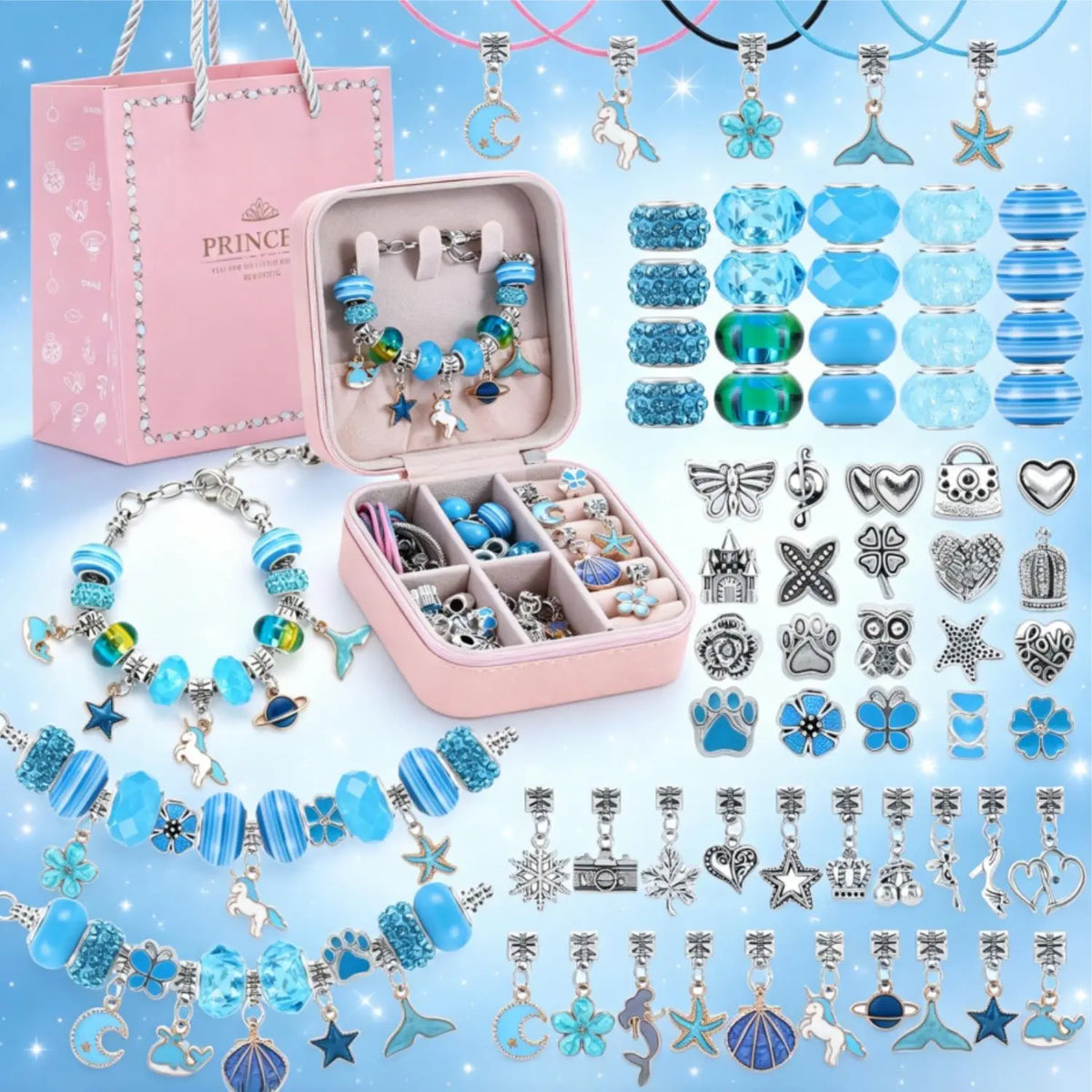 68Pcs Colorful Iridescent Girl Charm Bracelet Making Kit for Girls and Women Cute Pink and Purple DIY Jewelry Set with Special Handbag Charms and Beads Arts & Crafts Idea Birthday New-Year Christmas Grad Bestie Toy Gift for Girls