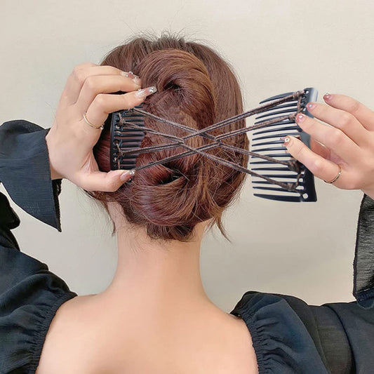 3 Pieces Elastic Magic Hair Comb Stretchy Double Comb Hair Forks Clips for Women Beaded Hairpins Girls Vintage Hairstyle Multipurpose Hair Accessories (Brown Black Navy)