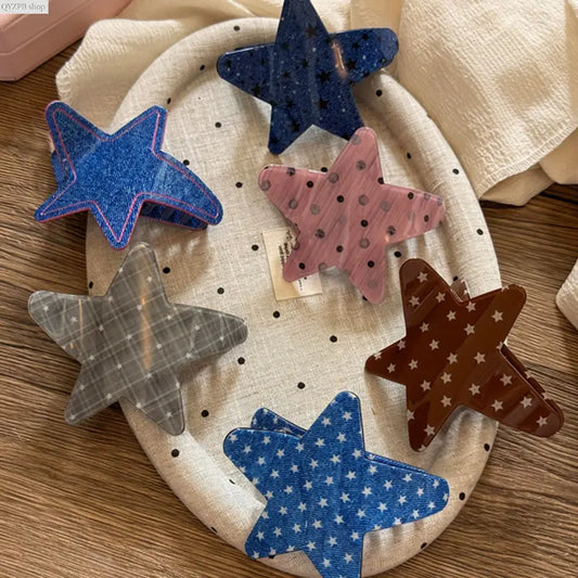 Vintage Star Hair Clip for Women, Retro Denim Acetate Hair Claw Clip with Polka Dot Five-Pointed Star Design, Cute Y2K Hair Accessories for Girls, Everyday Hairstyles, Casual Outfits & Parties