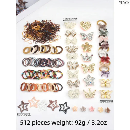 512 pieces/sets-Autumn Style Girls Cute Hair Accessories Set,Elegant Butterfly & Flower Hair Clips, Coffee Tone Hair Ties & Barrettes, Soft & Stylish, Perfect for Daily Wear, School, Parties & Gift Giving for Girls.