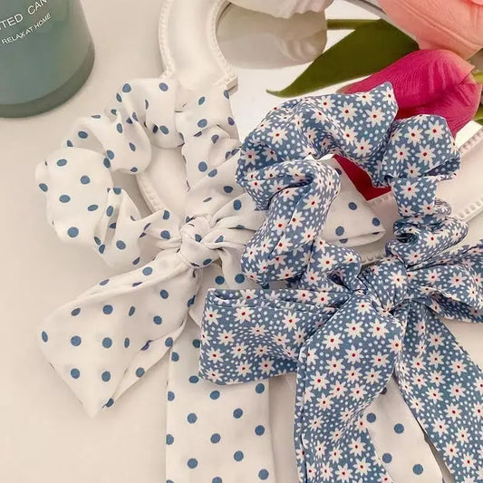 Female Vintage Fabric Scrunchies, 4-Pcs Set with Plaid & Polka Dot Prints, Long Ribbon Bowknot Ties, Assorted Fashion Hair Accessories