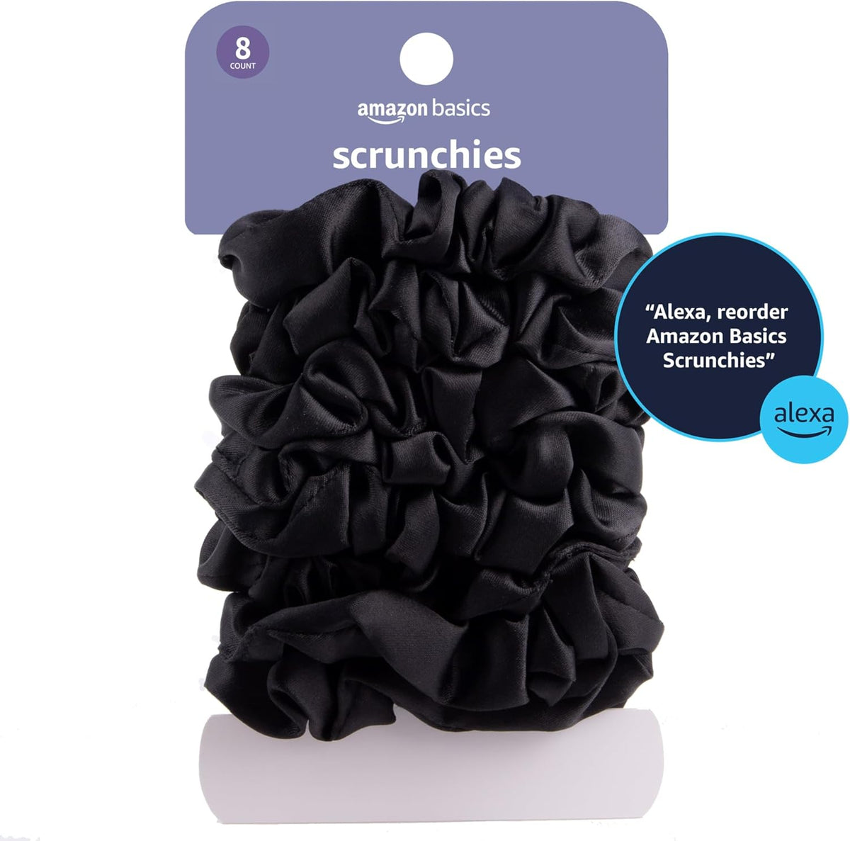 Amazon Basics Satin Scrunchies – No Crease, No Damage Hair Ties – Frizz Free, Gentle, Stylish Scrunchies. Black, 8 Count, For Thin and Normal Hair