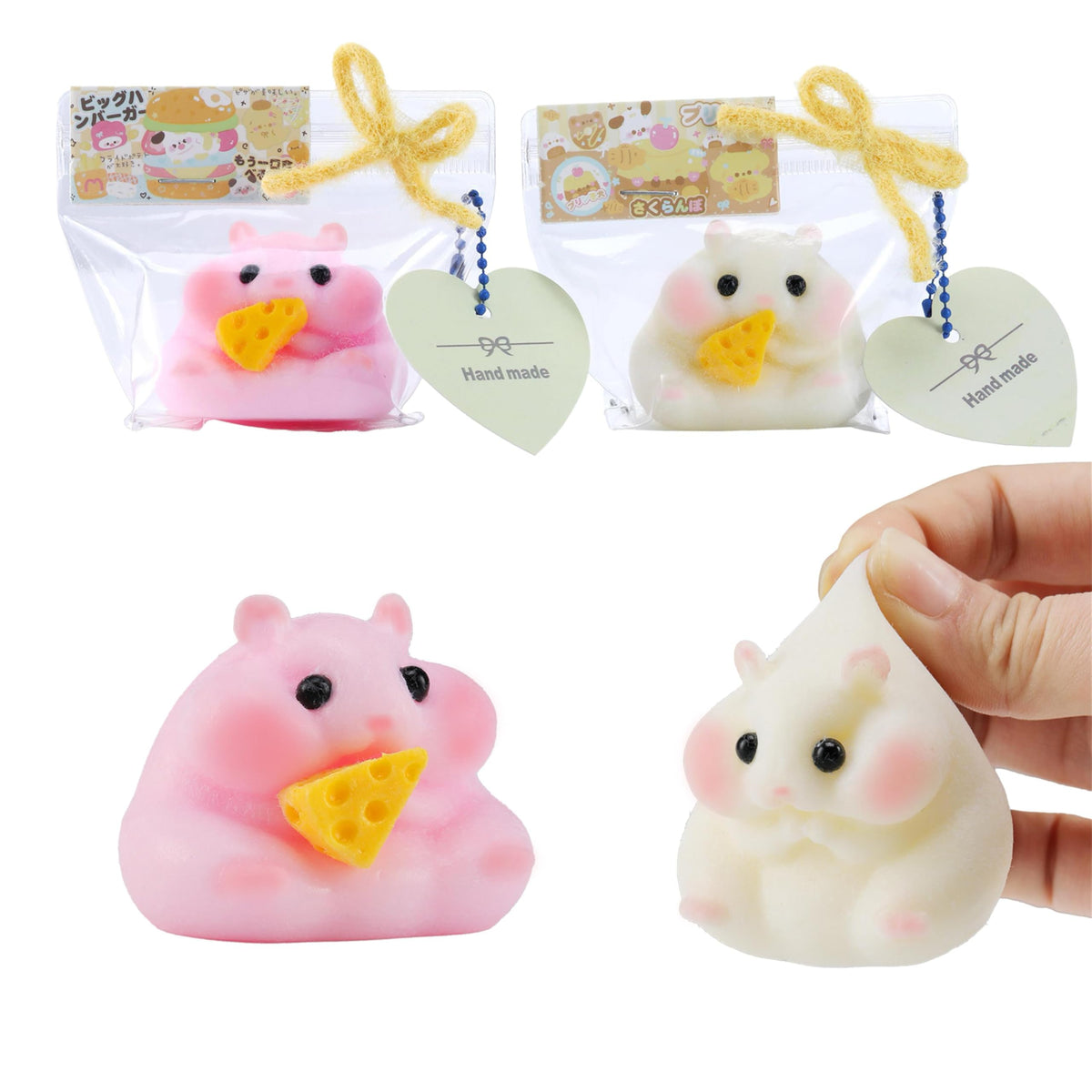 2PCS QCROAD SQUISHY Handmade Taba Hamster Squishy Squeeze Toys - Ultra Soft Silicone Animal Squishies for Kids & Adults, Reusable Non-Violent Squishy Toys for Stress Relief & Relaxation (White&Pink)