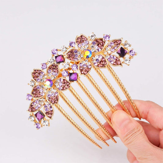 Women Rhinestone Inlaid Flower Hair Comb Hairpin Barrette Accessory,Also Perfect Mother's Day Gifts for Mom (Purple)