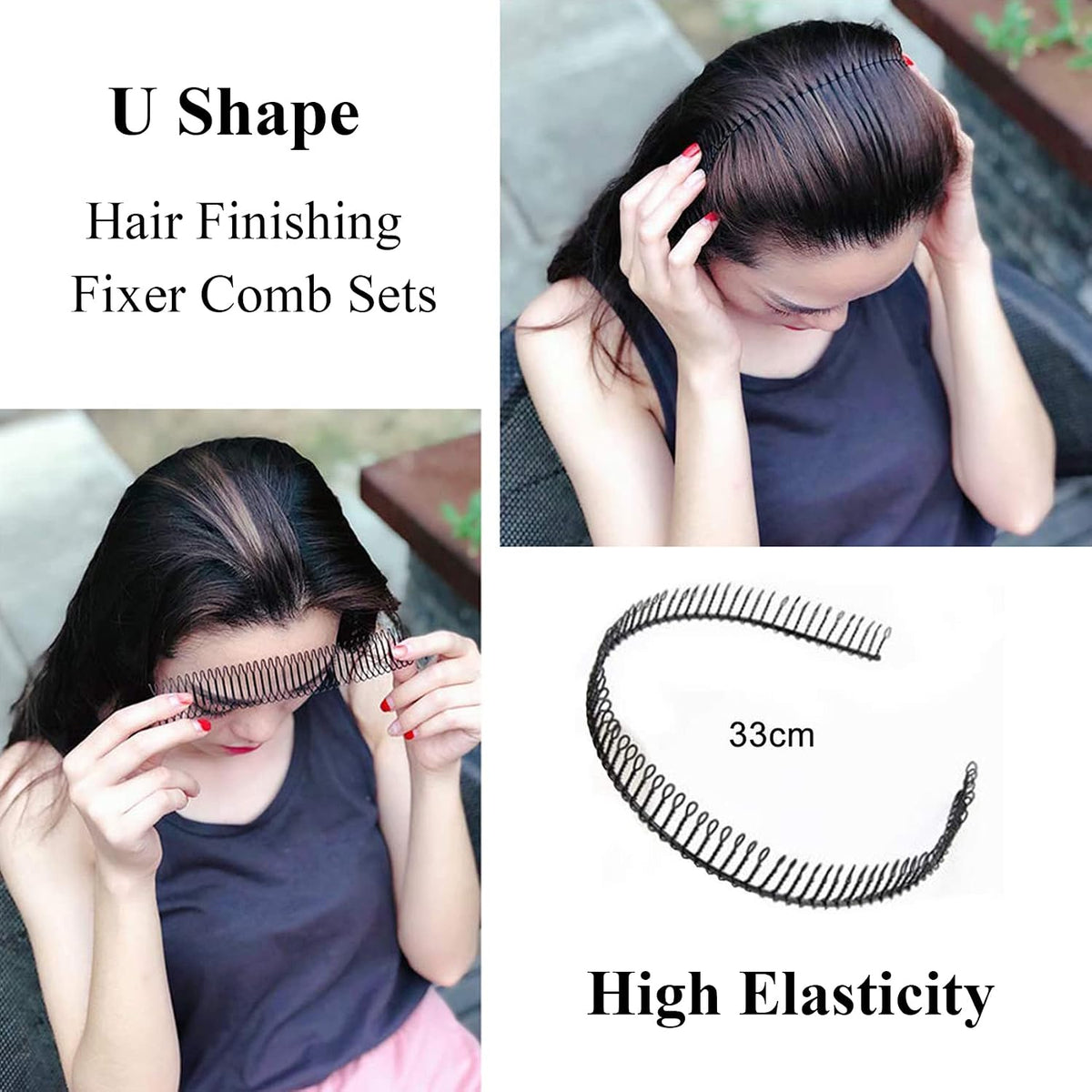 U Shape Hair Finishing Fixer Comb, 6 Pieces Bobby Bangs Holder Styling Tool Stretchable Hair Pin U Shape Wavy Comb Clips Spring Headband Circle Styling Black Pins Bun Hairpins for Women Girl