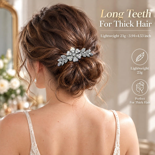 Lawie 6 Pack Luxury Sparkly Glitter Flower Leaf Rhinestone Black Plastic Side French Twist Hair Combs Long Teeth Slide Hairpins Barrettes Bun Chignon Clips Long Thick Hair Holder Accessories for Women