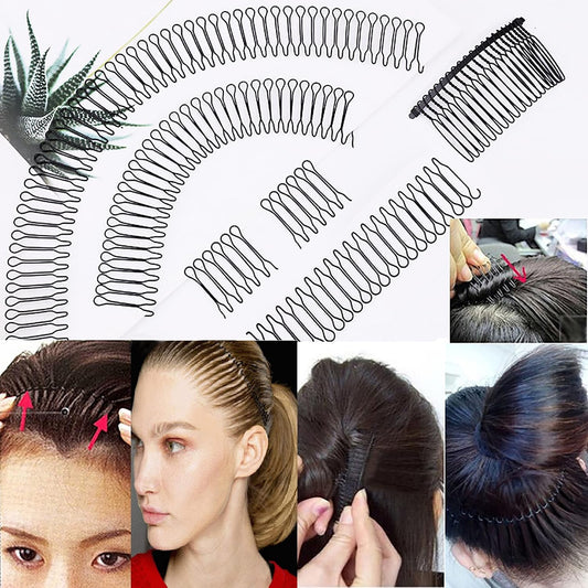 U Shape Hair Finishing Fixer Comb, 6 Pieces Bobby Bangs Holder Styling Tool Stretchable Hair Pin U Shape Wavy Comb Clips Spring Headband Circle Styling Black Pins Bun Hairpins for Women Girl