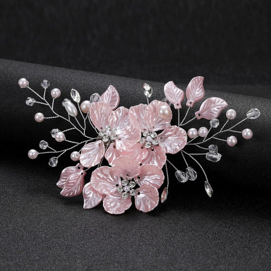 Bride Pearl Flower Hair Comb for Women and Girls, Wedding Floral Rhinestone Bridal Hair Piece Side Combs Hair Accessories for Wedding Party Daily (Pink)