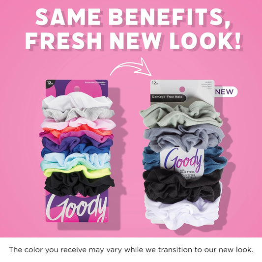 Goody Ouchless Scrunchies for Women - 12 Ct, Assorted Cool Tones, Damage-Free & Secure Hold Hair Ties, Gentle Hair Accessories for Women & Men, All Day Comfort, All Hair Types