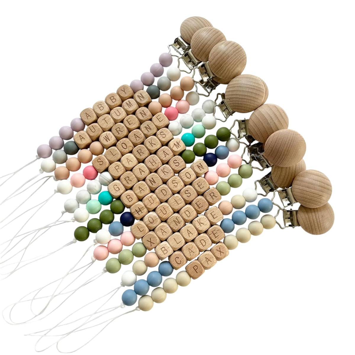 Personalized Pacifier Clip with Name, Wooden Beads, Silicone Clip Chain