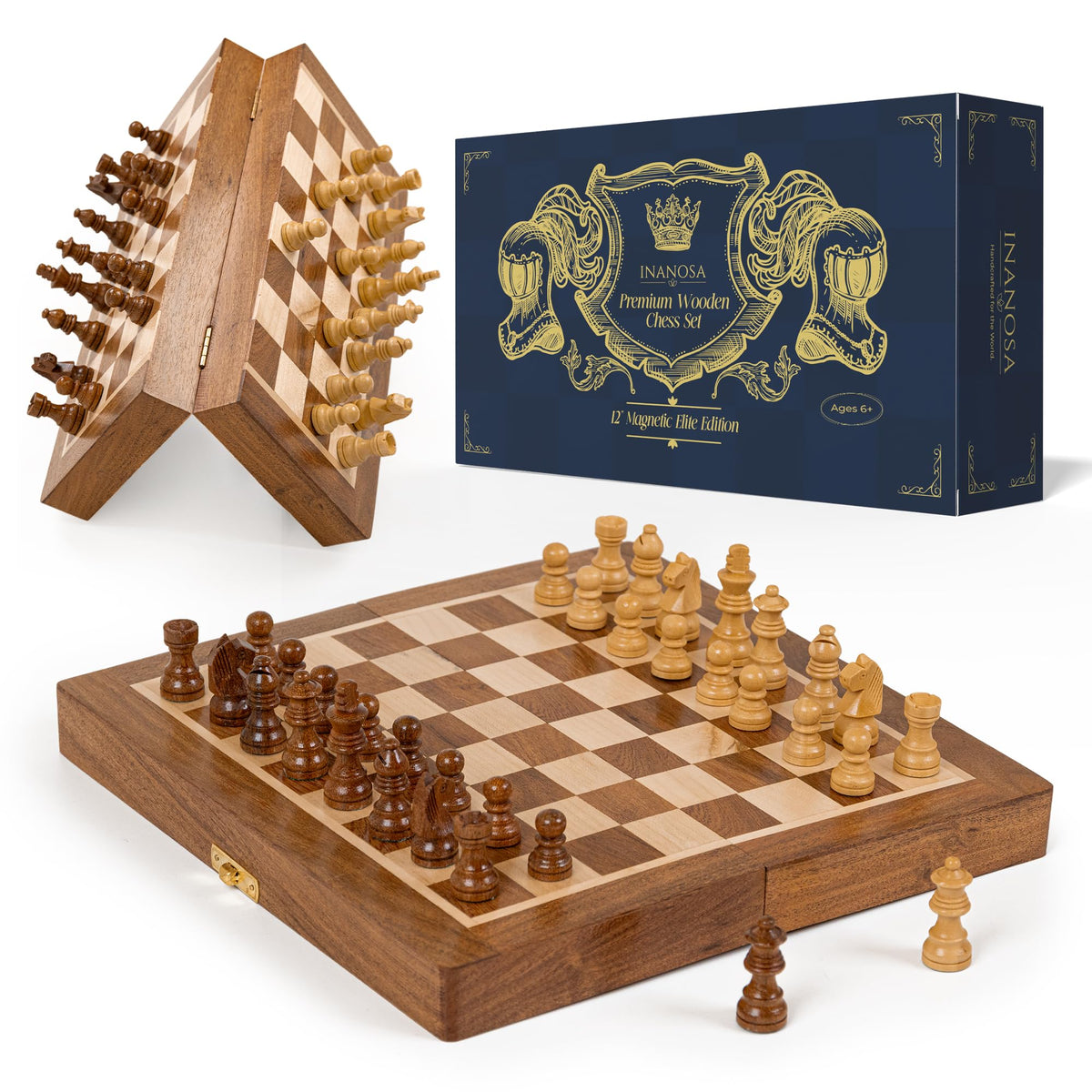 Magnetic Wooden Chess Set — 7 Inch Travel Folding Chess Board with Staunton Pieces & 2 Extra Queens — Handcrafted Acacia Wood — Travel Edition