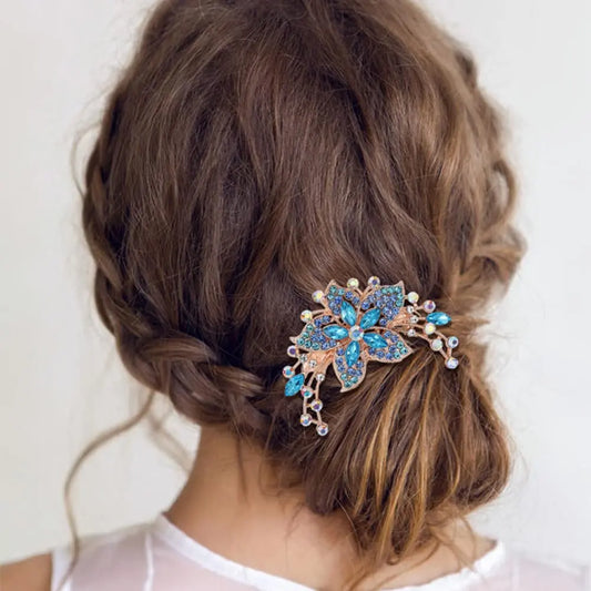 6 Pack Luxury Glitter Sparkly Jeweled Gems Rhinestones Decorative Gold Metal Hair Side Combs Slides with Teeth Hair Bun Clips Updo Accessories Crystal Flower Hair Pin Barrettes for Women Girls