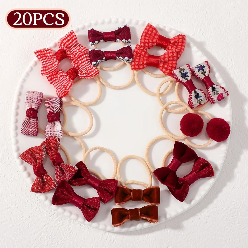 20‑Pcs Boho‑Style Fabric Bow & Flower Hair Ties, Cute Elastic Hair Scrunchies, Soft Decorative Hair Accessories for Daily Hairstyle Styling >,sohochic