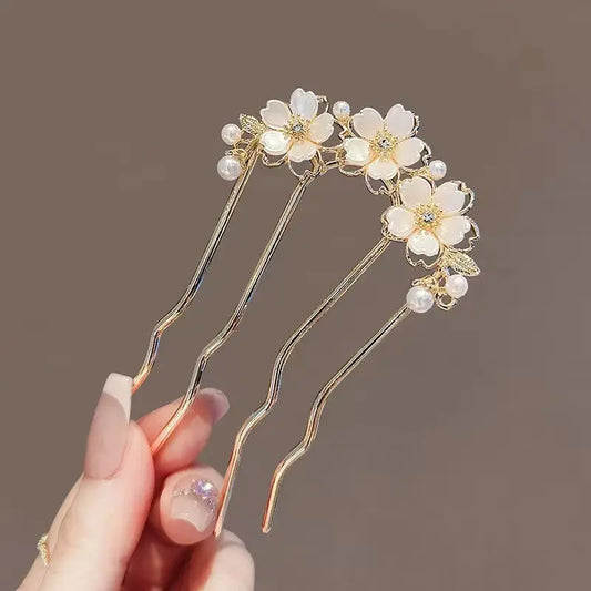French Retro Bun Hair Accessories Elegant Pearl Flower Hair Combs Pins Women Daily U-shaped Hairpin Female Alloy Hair Clasp Gift