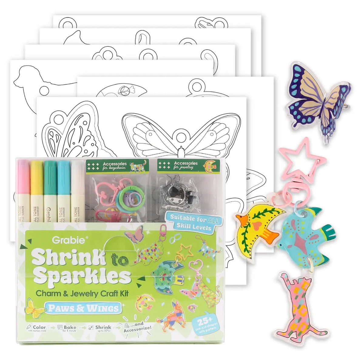Grabie Whimsical Shrink-to-Sparkles DIY Craft Set - Retro Office Art & Craft Supplies with DIY Beads, Beading Kits, Bracelet Beads & Charms, Earring Making Accessories for Adults, Back to School Haul, Class Rewards, Beading Supplies