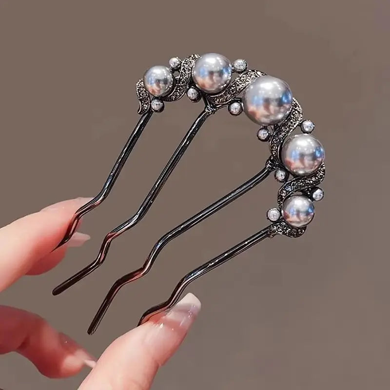 French Retro Bun Hair Accessories Elegant Pearl Flower Hair Combs Pins Women Daily U-shaped Hairpin Female Alloy Hair Clasp Gift