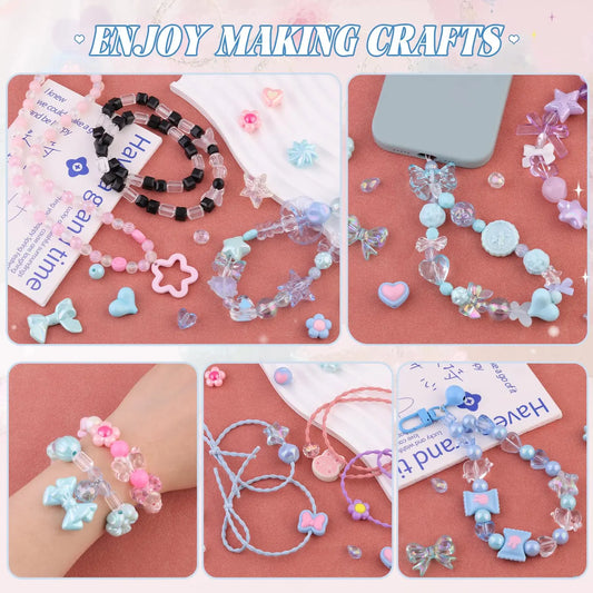 Cutecore Beads Making Crafting Kit - 420-480pcs 9-Color Acrylic Beads (9 Vibrant Hues) with Flower, Heart, Bear, Candy Charms, Bows, Clips, Bell & String for DIY Bracelets & Bangles, Kawaii Costume Jewelry