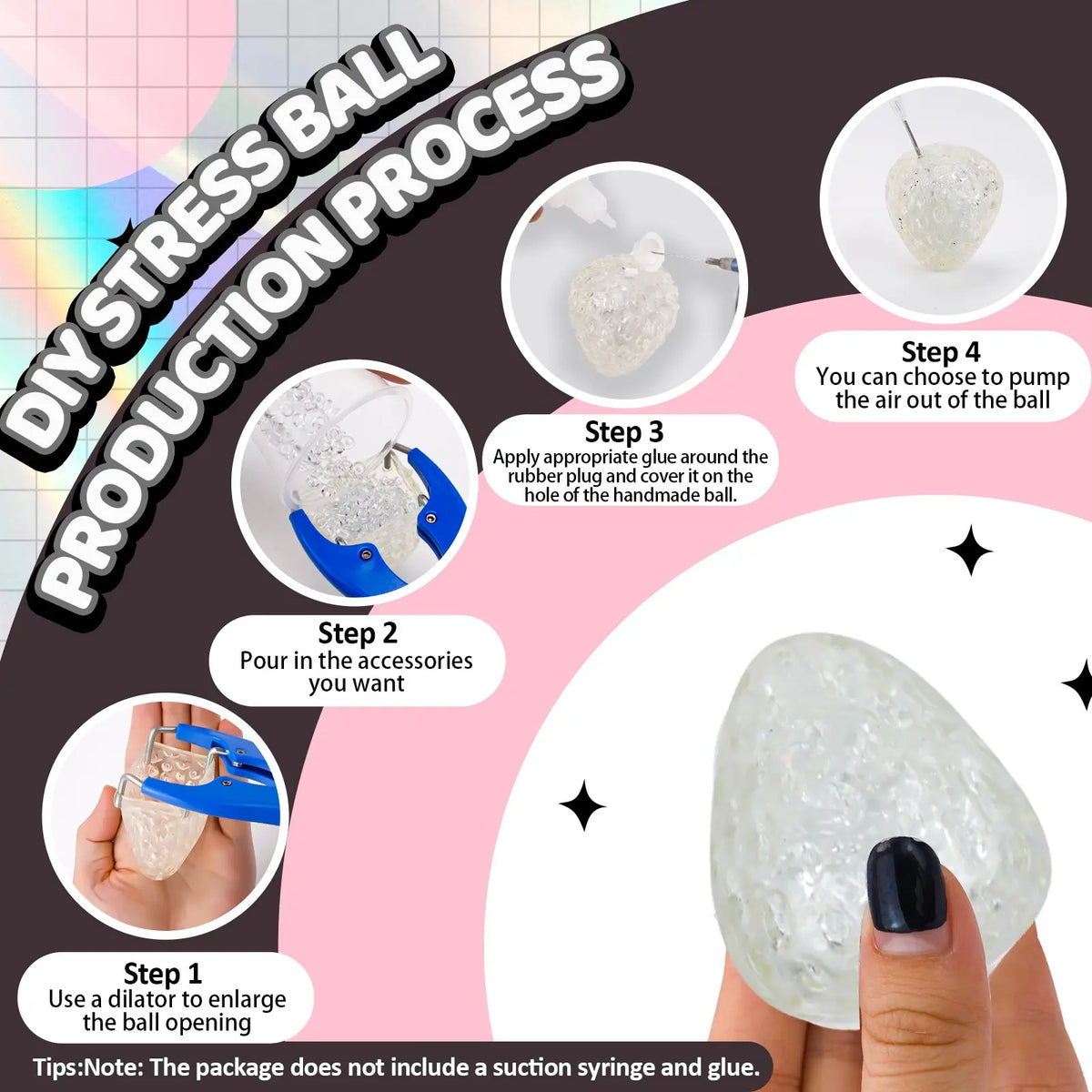 DIY Stress Ball Making Kit Handmade Ball (Shine Series) Crafts — Includes 7 varieties of bead fillings, 6 clear ball skins with stoppers, a filling expander with protective cap, and 8 cable ties