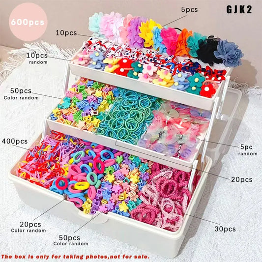 600Pcs Mixed Hair Accessories Set, Flower Hair Clips & Colorful Elastic Hair Ties, Bulk Hair Decor Kit, OPP Bag Packing, Storage Box For Photo Display Only, Not Included,sohochic