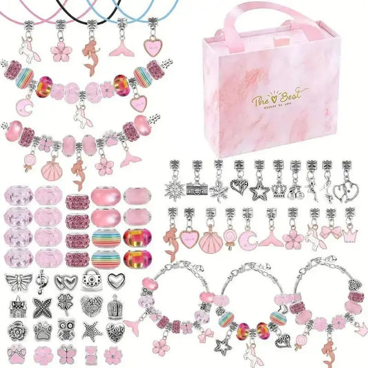 67-Piece DIY Jewelry Accessories with Charms Mix Beads Bracelet Kit for Girls Aged 6-10, Includes Jewelry Making Supplies & Portable Box, Bracelet Beads and Charms, Perfect Birthday Gift Idea, Jewelry Making Kits
