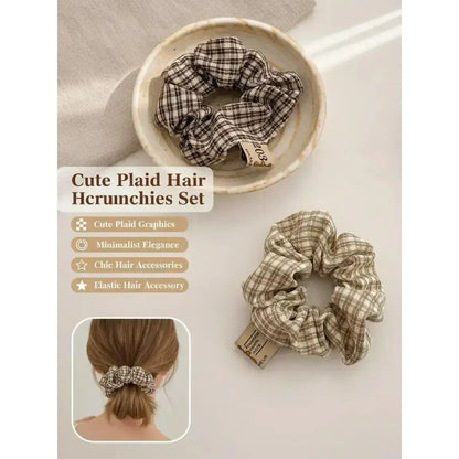 Women’s 2-Pack Fabric Plaid Hair Scrunchies - Round Shape, One Size, Soft Elastic Athletic Hair Ties, Elegant Everyday Bag Accessory for Outfit Styling & Casual Wear