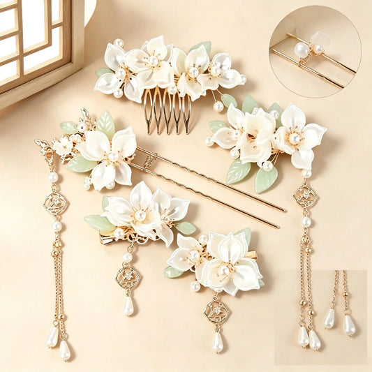 Women's 5Pcs Camellia Flower Hanfu Hair Accessories Set - Alloy Metal Hairpins, Combs, Clips with Rhinestone, Pearl, Tassels, Vintage Chinese Hair Decor for Wedding, Photoshoot