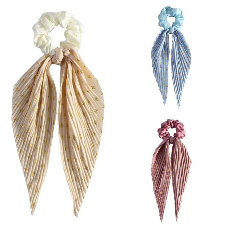3PC Pleated Satin Scarf Scrunchie, Gold Foil Cross Print Bow Ribbon Hair Tie, Long Streamer Ponytail Hair Scrunchies for Women Girls