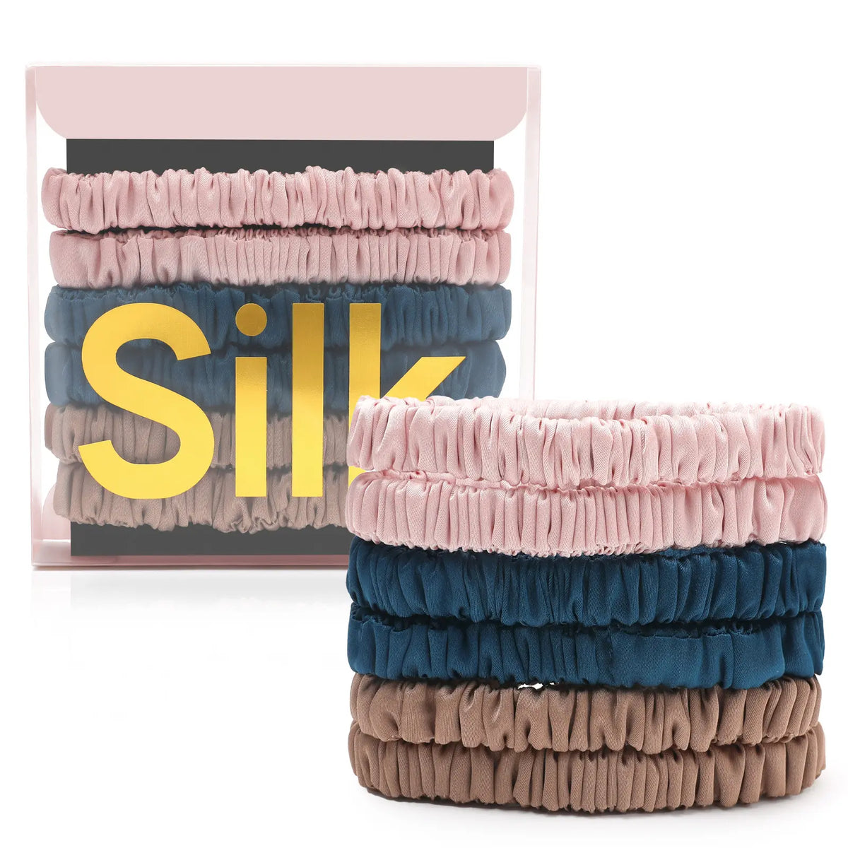 NATUREKESS 6Pcs 100% Silk Hairbands & Scrunchies, Elastic Band Scrunchies for Women, Thin Skinny Silk Fabric Hair Accessories, No-Damage Sleep Hair Accessories