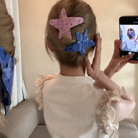 Vintage Star Hair Clip for Women, Retro Denim Acetate Hair Claw Clip with Polka Dot Five-Pointed Star Design, Cute Y2K Hair Accessories for Girls, Everyday Hairstyles, Casual Outfits & Parties