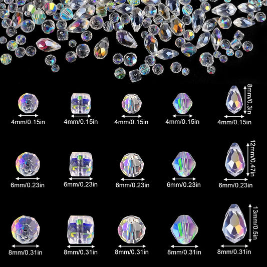 600 Pcs AB Finish Multifaceted Cuts Iridescent Coated Crystal Glass Beads Assortment with Storage Box - 4/6/8mm Bicone, Rondelle, Cube, Teardrop, Spacer Beads for DIY Jewelry Making Bracelets, Necklaces