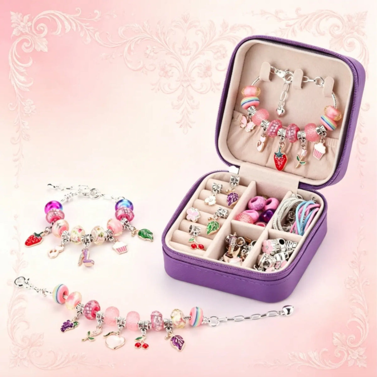 68Pcs Colorful Iridescent Girl Charm Bracelet Making Kit for Girls and Women Cute Pink and Purple DIY Jewelry Set with Special Handbag Charms and Beads Arts & Crafts Idea Birthday New-Year Christmas Grad Bestie Toy Gift for Girls