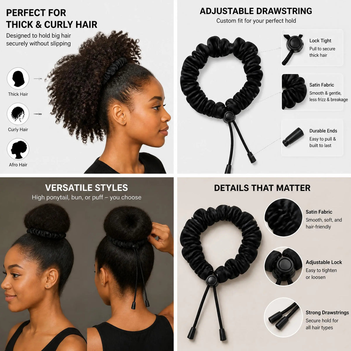 2 Pcs Adjust Satin Hair Scrunchies for Women Girls, Adjustable Hair Ties Soft Than Silk for 4c Girlie Thick Curly Natural Hair, Easy to Use Hair Accessories for Afro Puff Loc Ponytails (black)