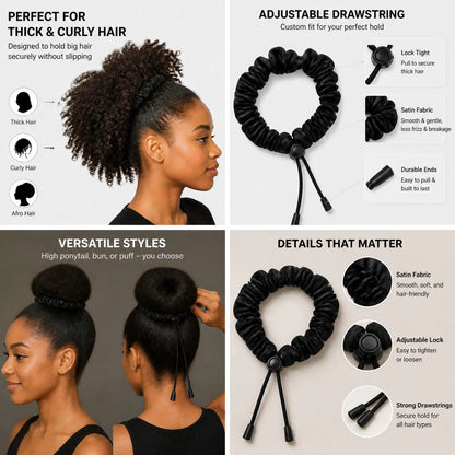 2 Pcs Adjust Satin Hair Scrunchies for Women Girls, Adjustable Hair Ties Soft Than Silk for 4c Girlie Thick Curly Natural Hair, Easy to Use Hair Accessories for Afro Puff Loc Ponytails (black)