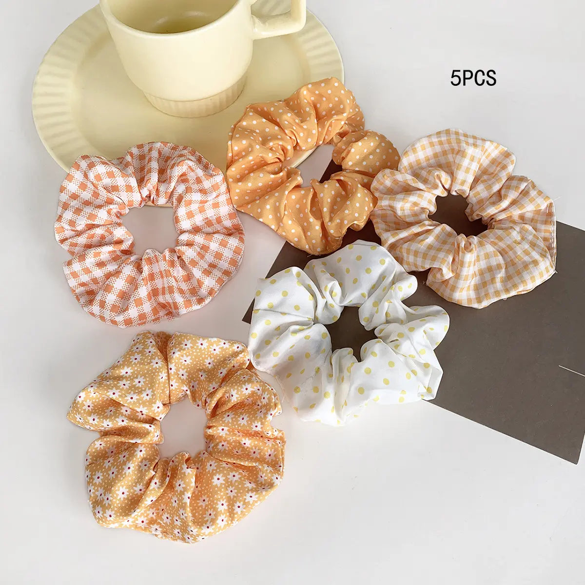 Women's Vintage Pastel Band-Shaped Hairbands & Scrunchies - Plaid/Polka, Floral Prints, Metal Accents, Elastic Fabric Hair Rubber Bands for Everyday Hairstyles