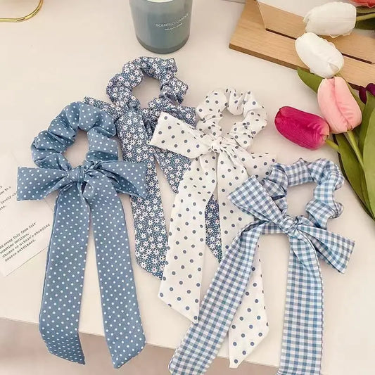 Female Vintage Fabric Scrunchies, 4-Pcs Set with Plaid & Polka Dot Prints, Long Ribbon Bowknot Ties, Assorted Fashion Hair Accessories