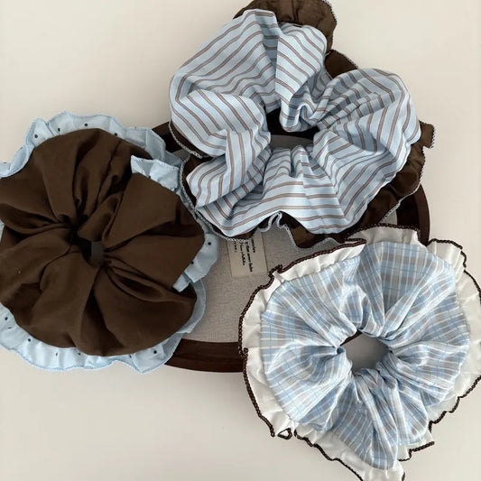 Set of 3 Unisex Vintage 2-Tone Spliced Contrast Ruffle Edge Striped Plaid Fabric Scrunchies, Elastic Hair Bands, Cute Hair Ties for Daily Hairstyle Fashion Accessories, Set Of Three