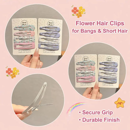 Kids' Cute Pastel Hair Clips & Pins - 4-Piece Glossy Button Set with Checkered, Polka Dot, Heart Patterns, Silver Accents, Girly Fashion Hair Accessories