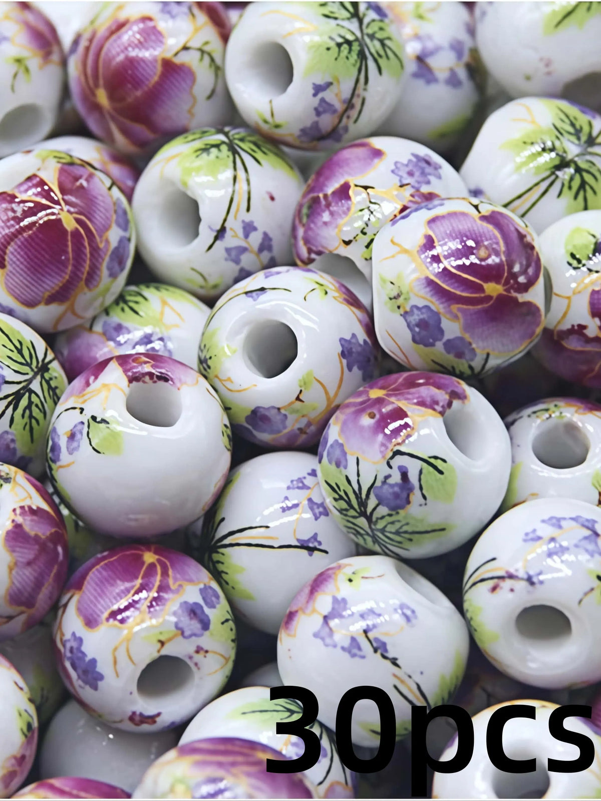 30 Pack Vintage Peony Flower Print Ceramic Beads, Handmade DIY Jewelry Making Supplies, Elegant Loose Beads for Necklaces and Bracelets