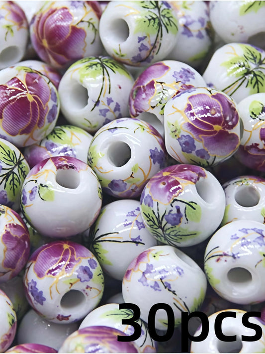 30 Pack Vintage Peony Flower Print Ceramic Beads, Handmade DIY Jewelry Making Supplies, Elegant Loose Beads for Necklaces and Bracelets