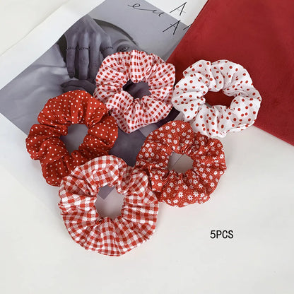 Women's Vintage Pastel Band-Shaped Hairbands & Scrunchies - Plaid/Polka, Floral Prints, Metal Accents, Elastic Fabric Hair Rubber Bands for Everyday Hairstyles