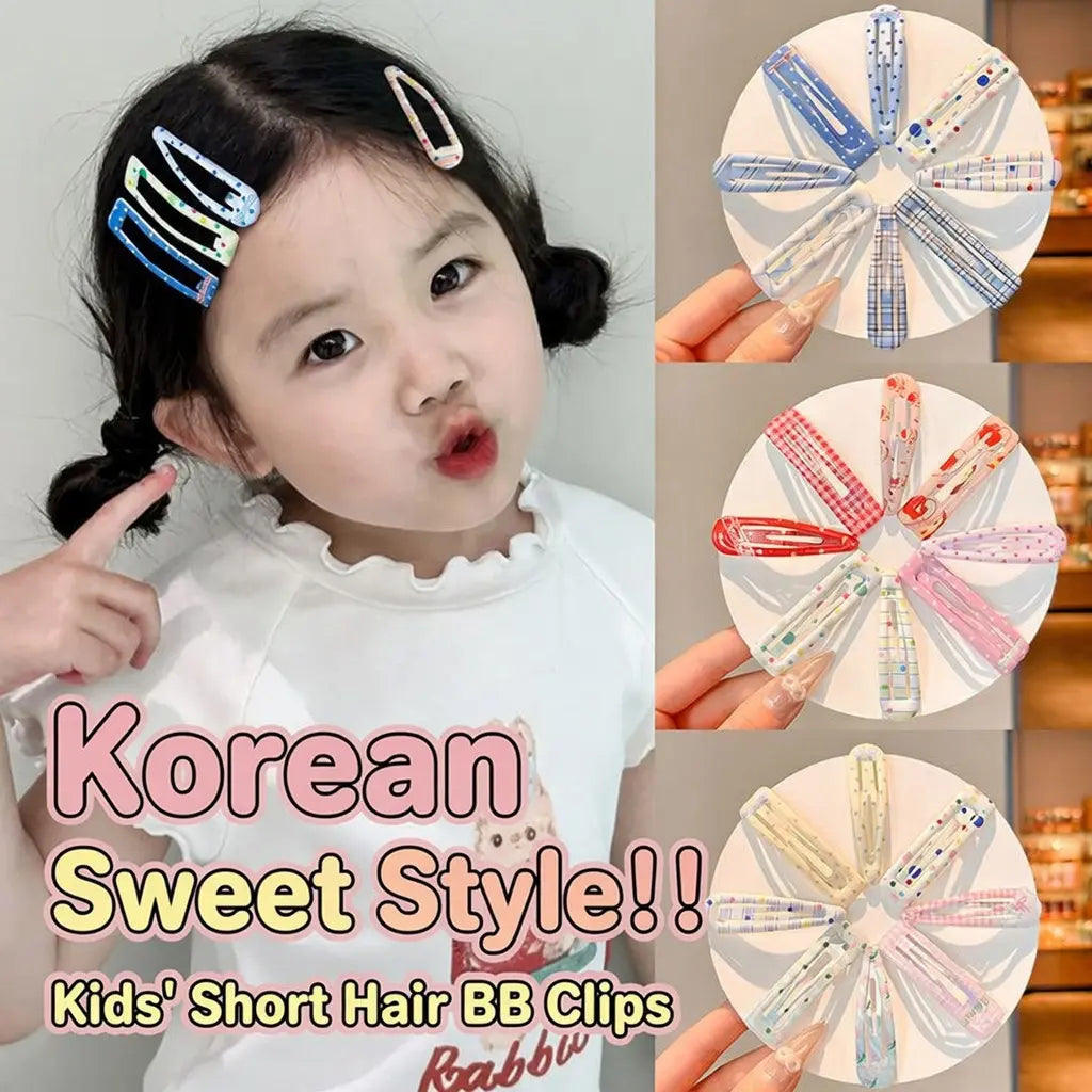 Kids' Cute Pastel Hair Clips & Pins - 4-Piece Glossy Button Set with Checkered, Polka Dot, Heart Patterns, Silver Accents, Girly Fashion Hair Accessories