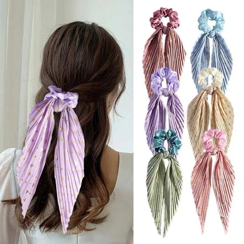 3PC Pleated Satin Scarf Scrunchie, Gold Foil Cross Print Bow Ribbon Hair Tie, Long Streamer Ponytail Hair Scrunchies for Women Girls