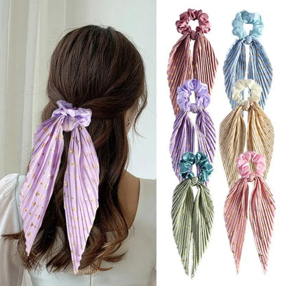 3PC Pleated Satin Scarf Scrunchie, Gold Foil Cross Print Bow Ribbon Hair Tie, Long Streamer Ponytail Hair Scrunchies for Women Girls