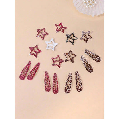 Women's 16pcs Leopard & Star Shapes Hair Clips Set - Female Casual Wear Everyday Accessories, Simple Clip Hair Pins & Barrettes Kit