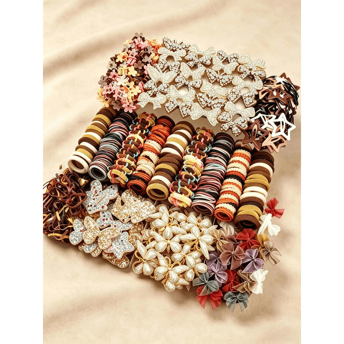 512 pieces/sets-Autumn Style Girls Cute Hair Accessories Set,Elegant Butterfly & Flower Hair Clips, Coffee Tone Hair Ties & Barrettes, Soft & Stylish, Perfect for Daily Wear, School, Parties & Gift Giving for Girls.