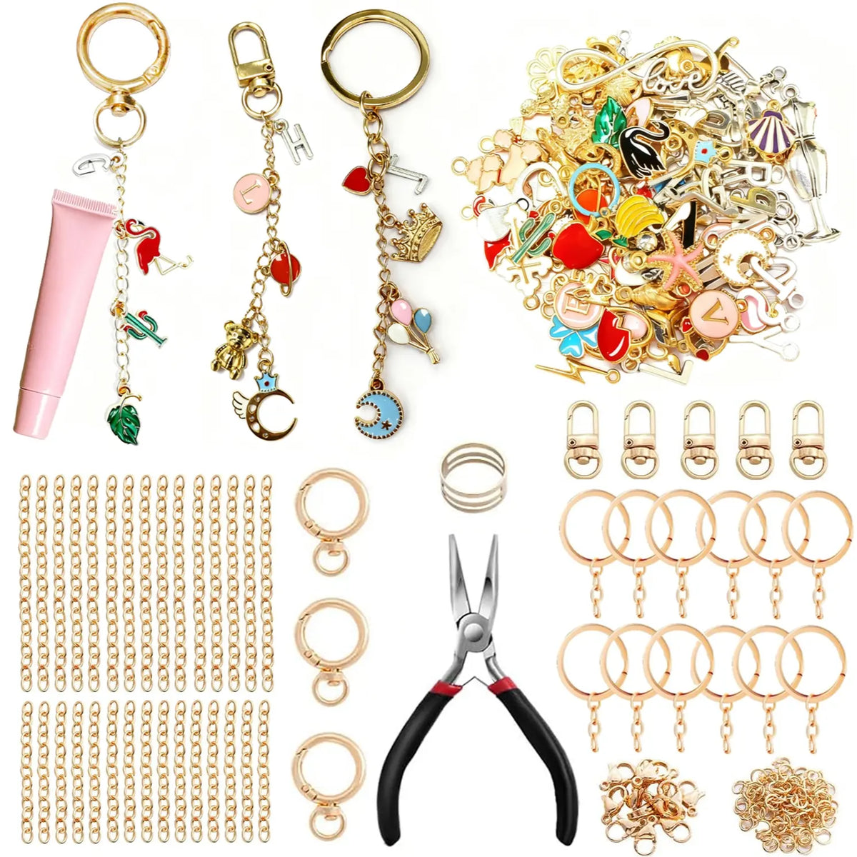 282-Piece Keychain Making Kit with Fashionable Charms, Includes 20 Clips & 30 Extender Chains, DIY Jewelry Craft Tools Set for Birthdays, Christmas Gifts, DIY Jewelry Accessories, DIY Kits