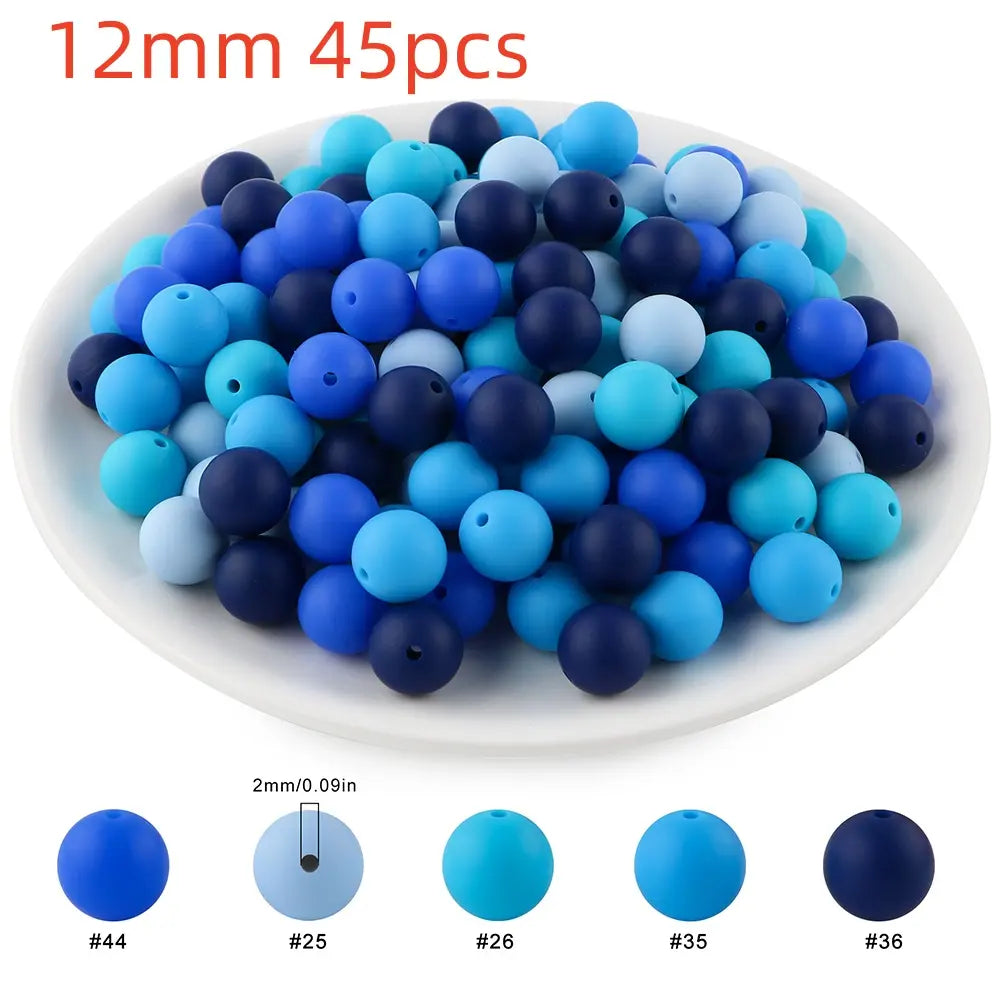 45pcs 9/12/15mm Solid Color Silicone Round Beads Combination DIY Beads Set Mixed in 5 colors Suitable for Making Beaded pens Bracelets and Phone Lanyards