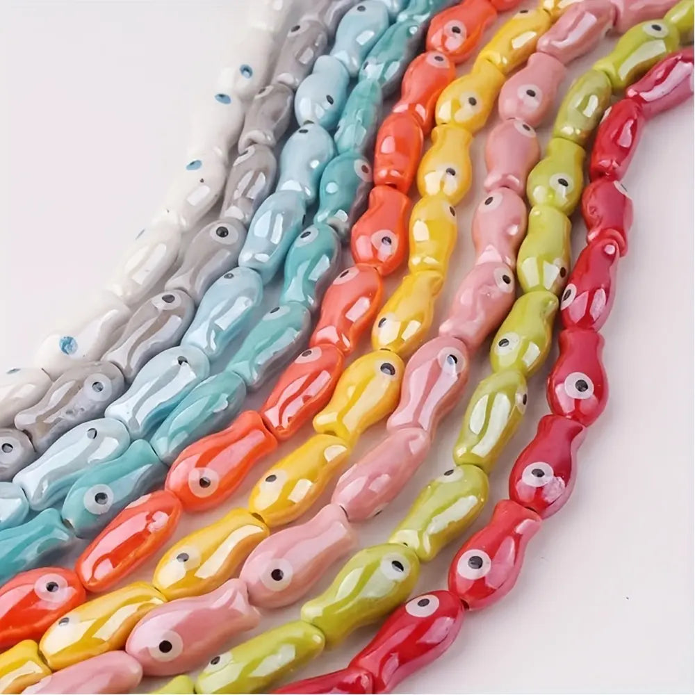 [30pcs Retro Fish Beads] 30pcs Glossy Retro Ceramic Fish Beads Charms | Multi-Color Spacer Beads with Black Eyes for DIY Jewelry Making, Bracelets, Necklaces & Craft Projects, Bangle Charms, Beads Charms Accessories